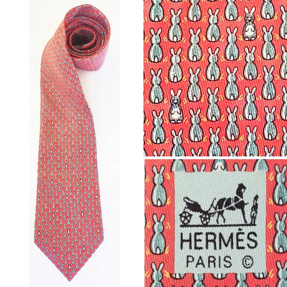 Hermes Mens Rabbit Bunnies Red Silk Tie 7900 MA
